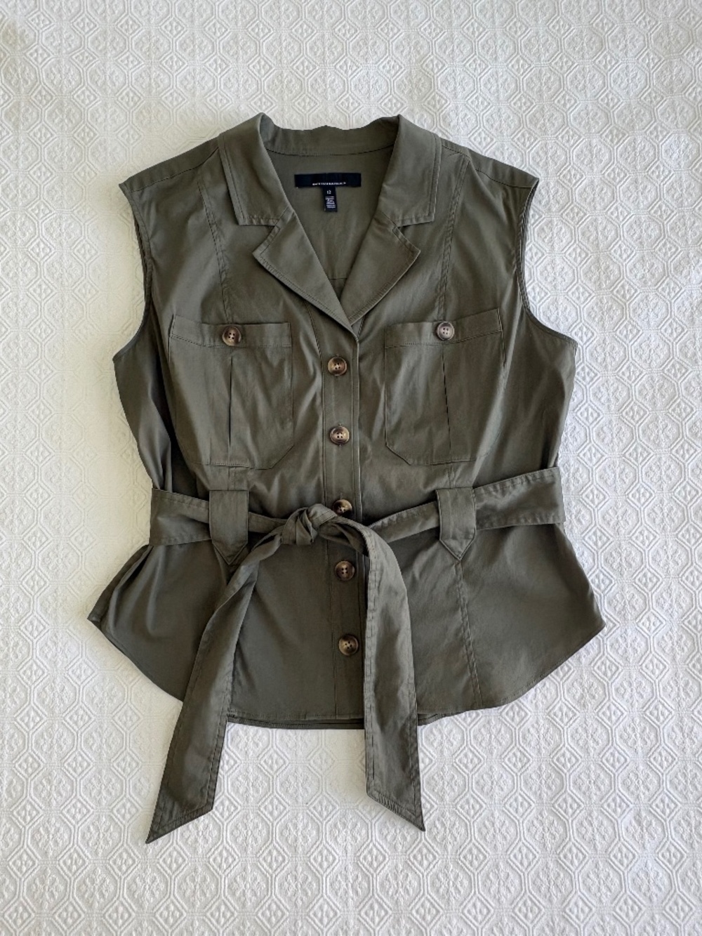 White House Black Market Belted Utility Vest Olive Green Size 12 Stretch Cotton